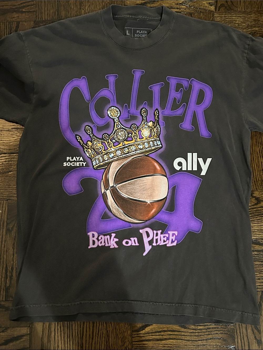 Society Black Tee with Purple 'Collier 24' Graphic and Gold Crown